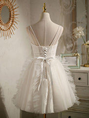 Ivory Homecoming Dress V Neck Tulle Lace Short Party Cocktail Dress