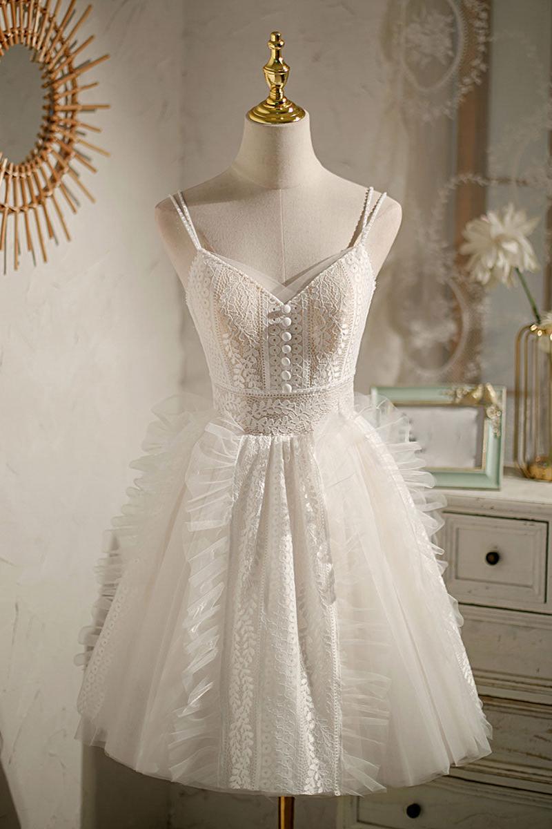 Ivory Homecoming Dress V Neck Tulle Lace Short Party Cocktail Dress