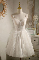 Ivory Homecoming Dress V Neck Tulle Lace Short Party Cocktail Dress