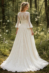 Ivory Lace A Line Wedding Dress with Illusion Neckline and Bell Sleeves
