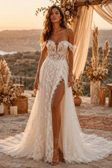 Ivory Lace A Line Wedding Dress with Side Slit and Off Shoulder Sleeves