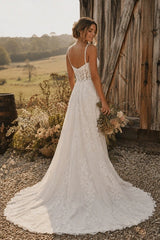 Ivory Lace A Line Wedding Dress with Spaghetti Straps and Sheer Corset Bodice