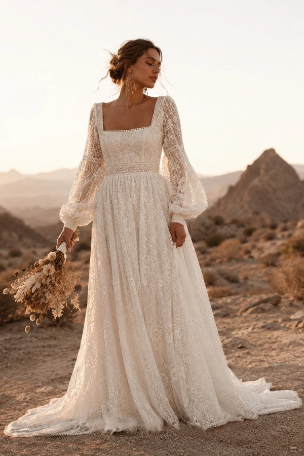 Ivory Lace A Line Wedding Dress with Square Neck and Bishop Sleeves