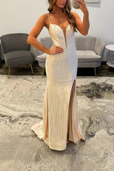 Ivory Mermaid Prom Dress Beaded Satin Spaghetti Straps Long Formal Dress With Slit