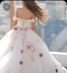 Ivory Off The Shoulder Wedding Dress Ball Gown Tulle Bridal Dress with 3D Flowers