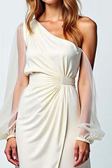 Ivory One Shoulder Long Formal Dress With Long Sleeves