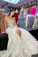 Ivory Prom Dress Beaded A Line Strapless Long Organza Corset Evening Dress