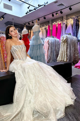 Ivory Prom Dress Beaded A Line Strapless Long Organza Corset Evening Dress