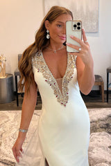 Ivory Prom Dress Deep V Neck Backless Evening Dress with Beading