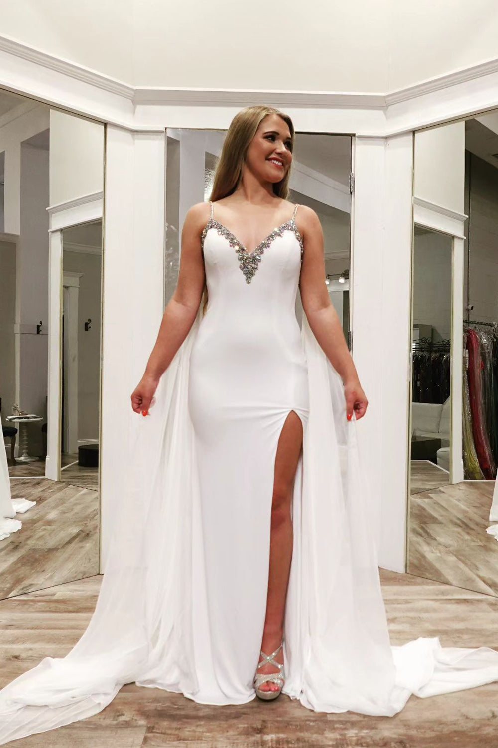 Ivory Prom Dress Long Beaded Watteau Train Evening Dress with Slit