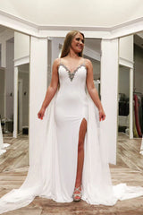 Ivory Prom Dress Long Beaded Watteau Train Evening Dress with Slit