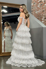 Ivory Prom Dress Princess A Line Off the Shoulder Corset with Lace Ruffles Evening Dress