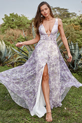 Ivory Prom Dress Purple Floral Chiffon Long Evening Dress with Slit