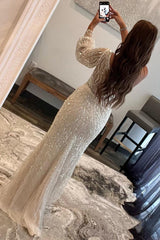 Ivory Prom Dress Sequined Prom Dress One Shoulder Evening Dress with Slit
