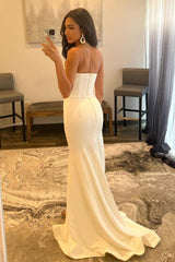 Ivory Prom Dress Strapless V Neck Long Evening Dress With Split