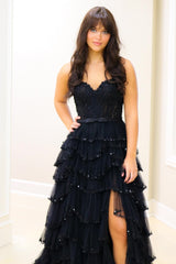 Ivory Prom Dress Straps Floral Sequined Tiered Long Evening Dress With Split