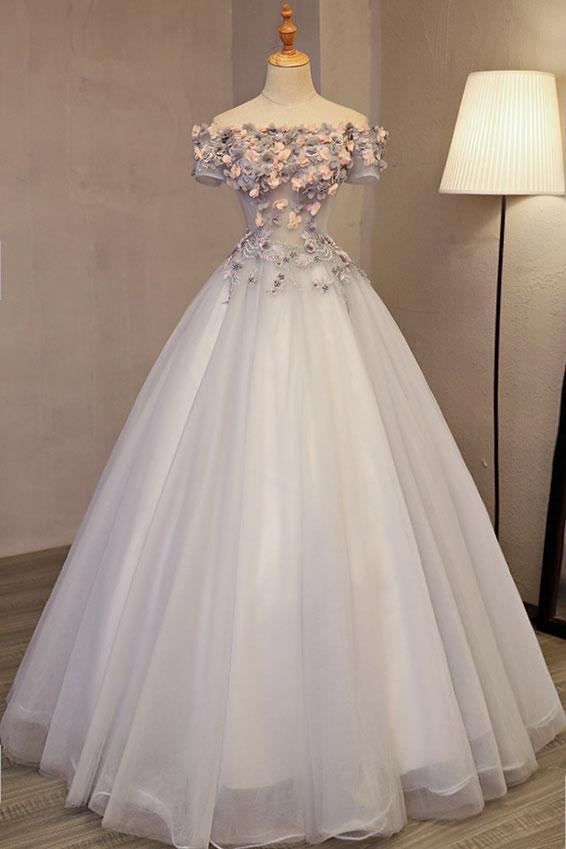 Ivory Prom Dress Tulle Appliques Long Sweet 16 Dress Evening Dress