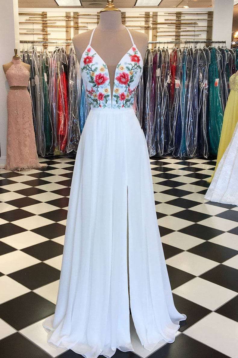 Ivory Prom Dress V Neck Chiffon Appliques e Long Formal Gown Evening Dress