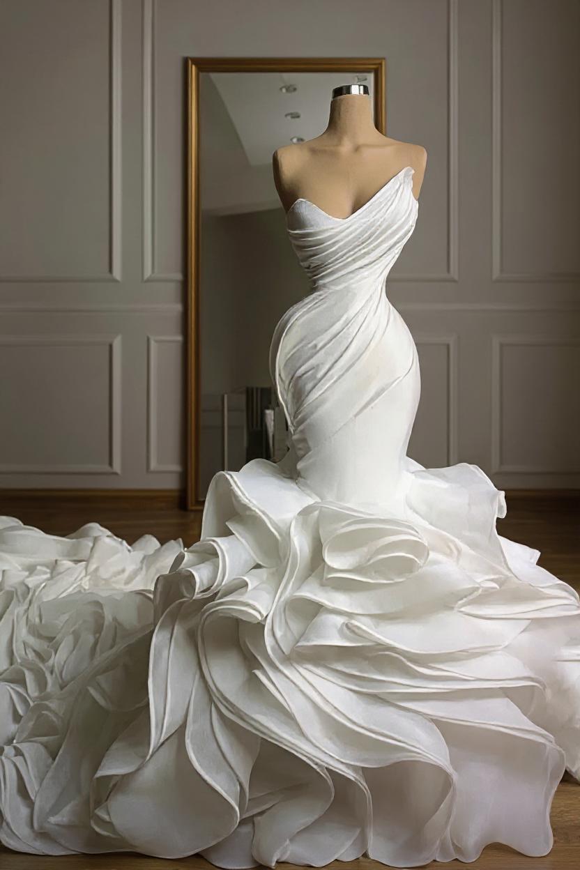 Ivory Ruffled Wedding Dresses Strapless Mermaid Bridal Gowns with Court Train