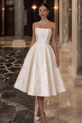 Ivory Satin A Line Tea Length Wedding Dress with Floral Jacquard