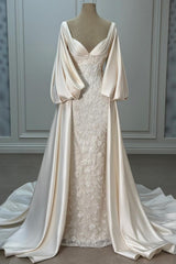 Ivory Satin A Line Wedding Dress with Long Puff Sleeves and Beaded Lace
