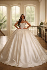 Ivory Satin Ball Gown Wedding Dress with Lace Corset Bodice and Sweetheart Neckline