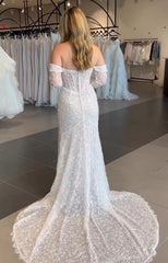 Ivory Sheath/Column Wedding Dress Off the Shoulder Long Sleeves Bridal Dress