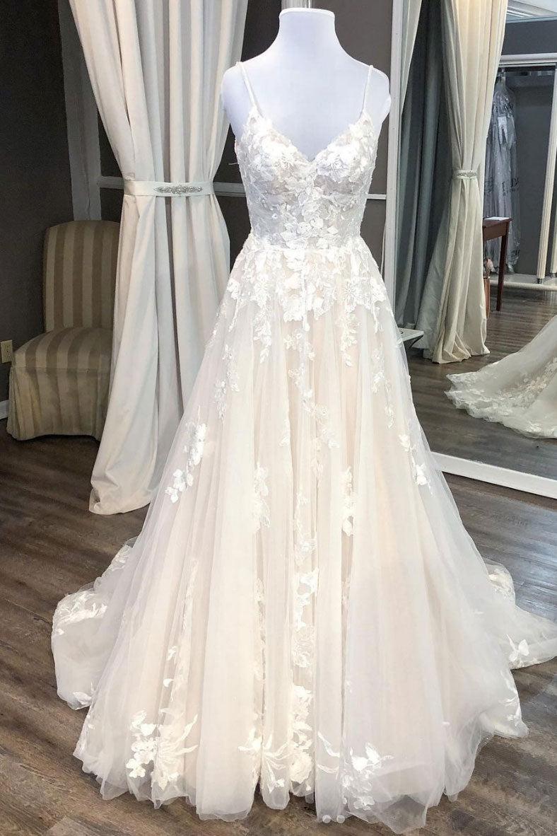 Ivory Spaghetti Straps Wedding Dress Tulle Lace Appliqued Bridal Gown