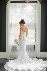 Ivory Strapless Wedding Dress Lace Appliques Long Sleeves Mermaid Bridal Dress with Panel Train