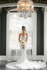 Ivory Strapless Wedding Dress Lace Appliques Long Sleeves Mermaid Bridal Dress with Panel Train