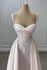 Ivory Sweetheart Spaghetti Strap Sleeveless Beaded Panel Train Ruffle Long Satin Bridal Gown