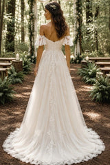Ivory Tulle A Line Wedding Dress with Off Shoulder Flutter Sleeves and Cascading Lace