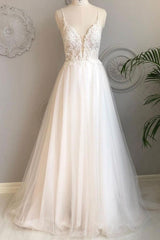Ivory V Neck Handmade Wedding Dress Tulle Lace Long Evening Dress