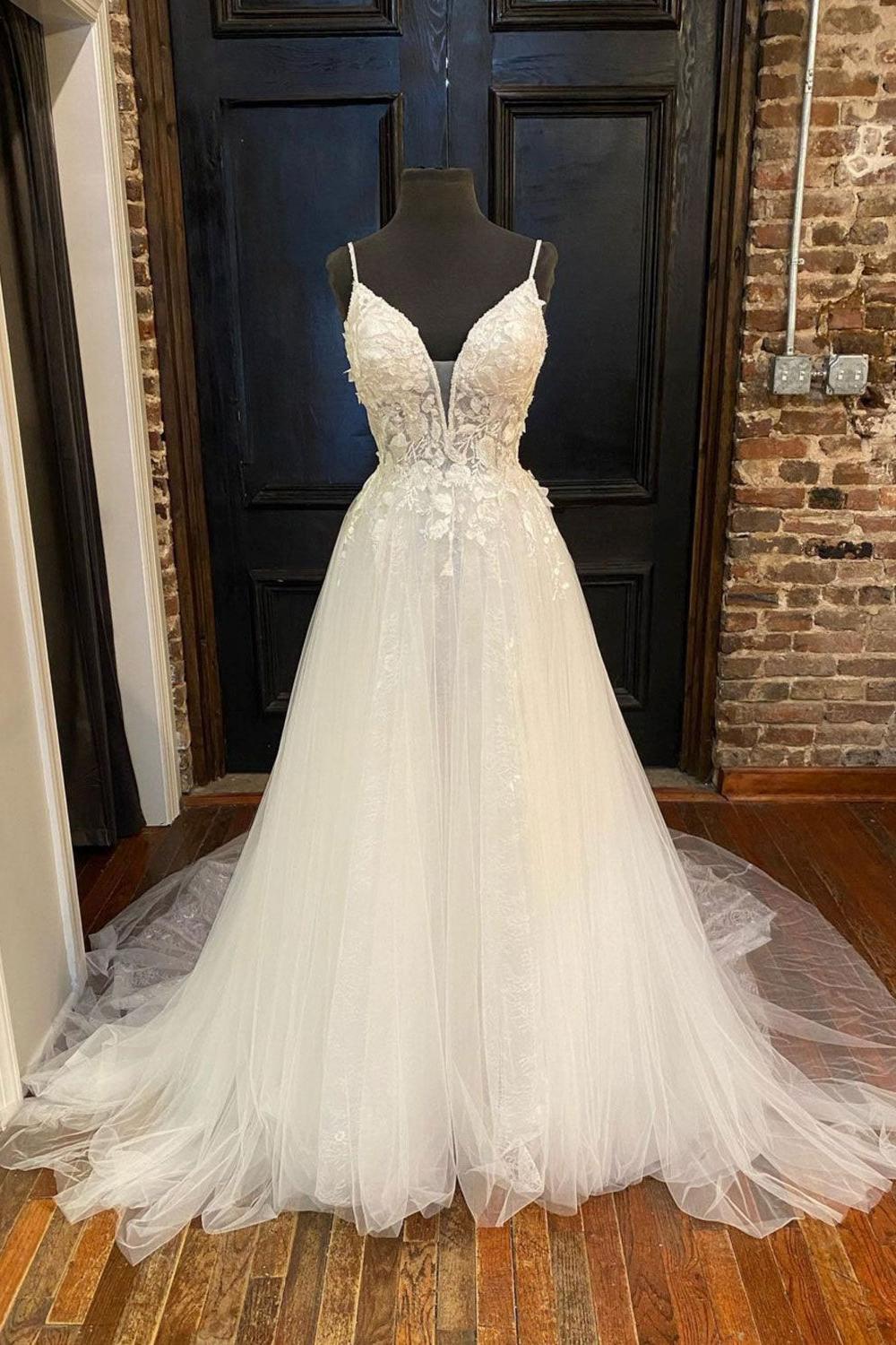 Ivory V Neck Tulle A Line Lace Appliques Bridal Dress