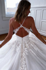 Ivory V Neck Tulle Lace Long Bridal Gown Evening Dress