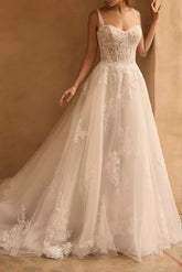 Ivory Wedding Dress A Line Corset Appliques Bridal Dress with Sweep Train