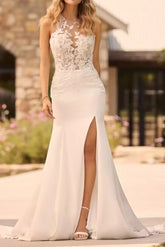 Ivory Wedding Dress Mermaid Crew Neck Bridal Dress with Appliques