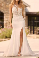 Ivory Wedding Dress Mermaid Crew Neck Bridal Dress with Appliques