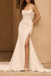 Ivory Wedding Dress Mermaid Spaghetti Straps Backless Bridal Dress with Slit