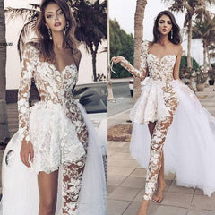 Ivory Wedding Dress Tulle One Shoulder Long Sleeves Bridal Dress With Panel Train