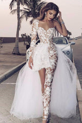 Ivory Wedding Dress Tulle One Shoulder Long Sleeves Bridal Dress With Panel Train