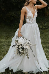 Ivory Wedding Dress V Neck Tulle A Line Bridal Dress with Appliques