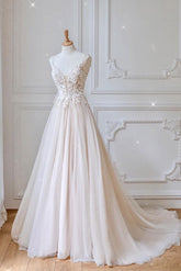 Ivory Wedding Dress V Neck Tulle Lace Long Bridal Gown