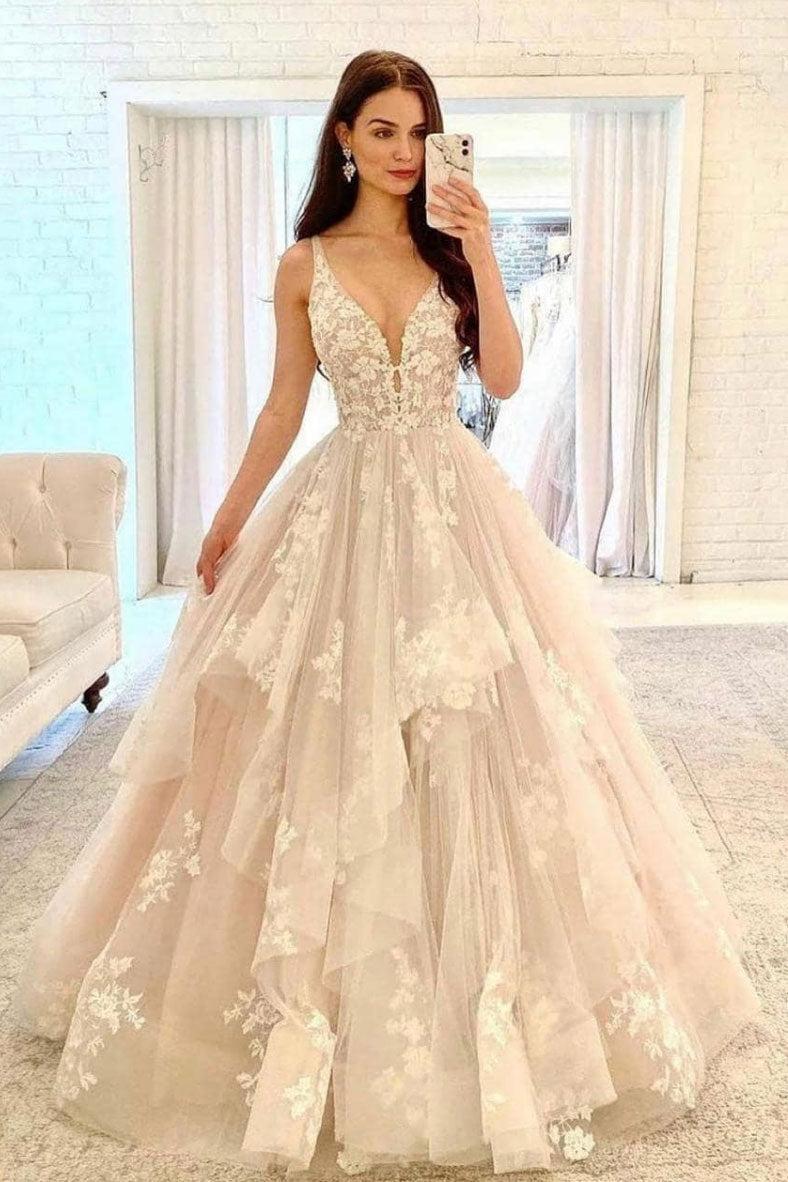 Ivory Wedding Dress V Neck Tulle Lace Long V Neck A Line Bridal Gown