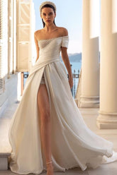 Off the shoulder Satin A Line/Princess Wedding Dress with Sequins Split Front