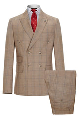 Khaki Double Breasted Plaid Business Suit Newest