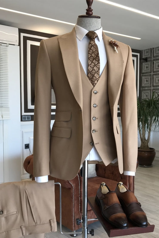 Khaki Peaked Lapel Close Fitting 3 Piece Prom Suit