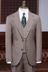 Khaki Plaid Notched Lapel Three Piece Prom Suit