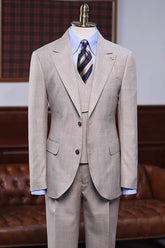 Khaki Plaid Three Piece Peaked Lapel Prom Suit