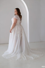 Lace A Line Wedding Dress with Cap Sleeves and Lace-Up Back